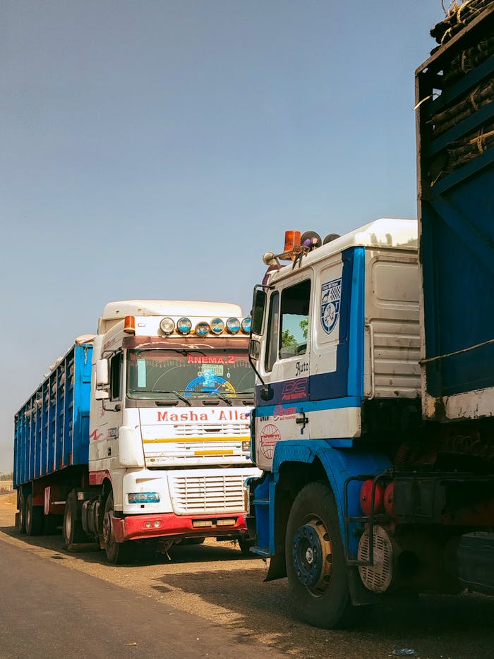 Vibrant trucks on a sunny rural road, showcasing transportation in Africa.